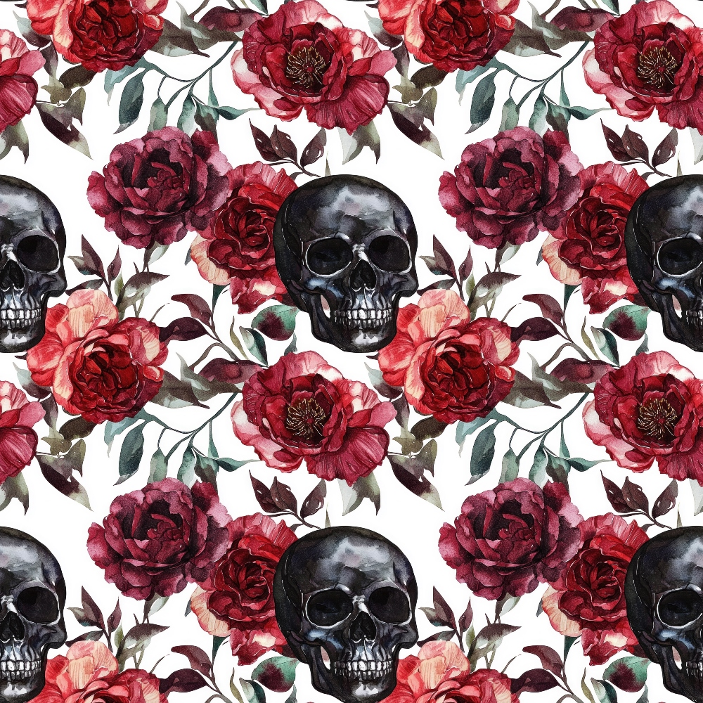 burgundy, deep red, maroon, black, white, skull pattern, floral design, roses, peonies, gothic style, dark romantic, repeating pattern, watercolor effect, botanical elements, leaves, stems, halloween theme, autumn colors,, fabric panel, gothic floral