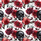 burgundy, deep red, maroon, black, white, skull pattern, floral design, roses, peonies, gothic style, dark romantic, repeating pattern, watercolor effect, botanical elements, leaves, stems, halloween theme, autumn colors,, fabric panel, gothic floral