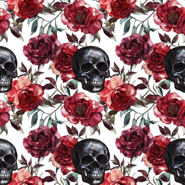 burgundy, deep red, maroon, black, white, skull pattern, floral design, roses, peonies, gothic style, dark romantic, repeating pattern, watercolor effect, botanical elements, leaves, stems, halloween theme, autumn colors,, fabric panel, gothic floral