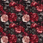 burgundy, maroon, pink, red, gray, black, skulls, peonies, roses, floral pattern, gothic, dark romantic, repeating pattern,, fabric panel, autumn colors, october theme, macabre florals, dramatic contrast, moody aesthetic