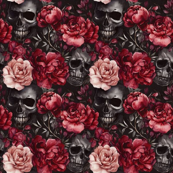 burgundy, maroon, pink, red, gray, black, skulls, peonies, roses, floral pattern, gothic, dark romantic, repeating pattern,, fabric panel, autumn colors, october theme, macabre florals, dramatic contrast, moody aesthetic
