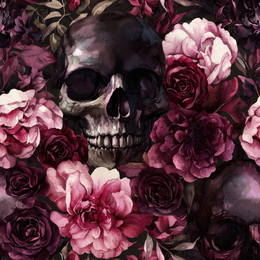 burgundy, deep purple, mauve, pink, plum, maroon, skull, roses, peonies, floral pattern, gothic, dark romantic, moody, watercolor style,, fabric panel, autumn colors, october theme, dramatic florals, bones, gothic floral