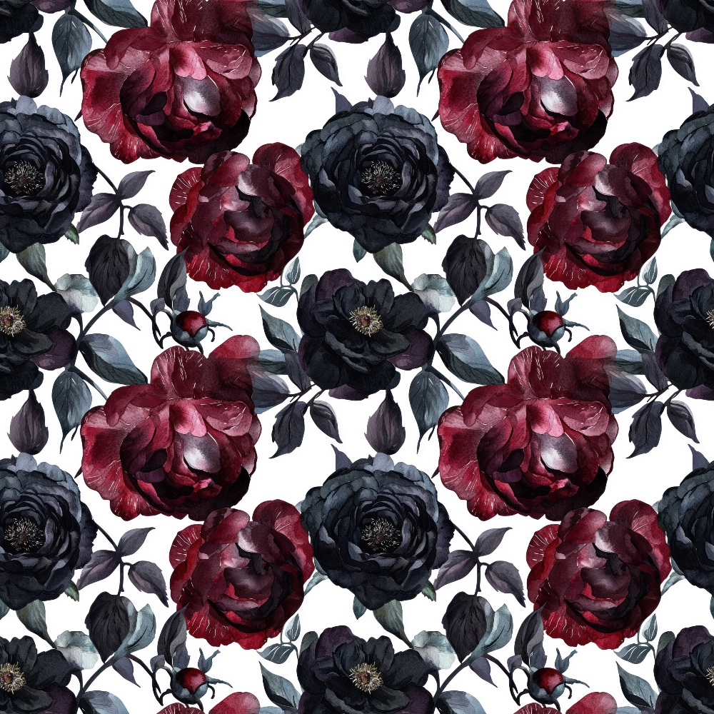 burgundy, maroon, navy blue, dark gray, cream background, floral pattern, roses, peonies, botanical design, moody flowers, dark blooms, leafy stems, autumn colors, october theme,, fabric panel, gothic floral, dramatic flowers, rich tones, seamless repeat
