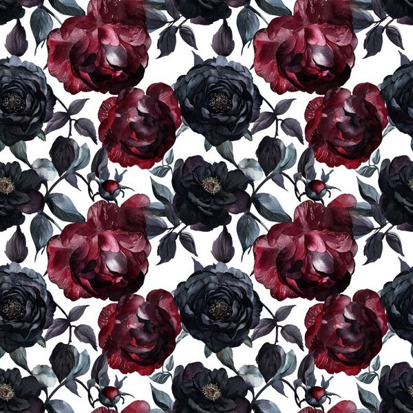 burgundy, maroon, navy blue, dark gray, cream background, floral pattern, roses, peonies, botanical design, moody flowers, dark blooms, leafy stems, autumn colors, october theme,, fabric panel, gothic floral, dramatic flowers, rich tones, seamless repeat