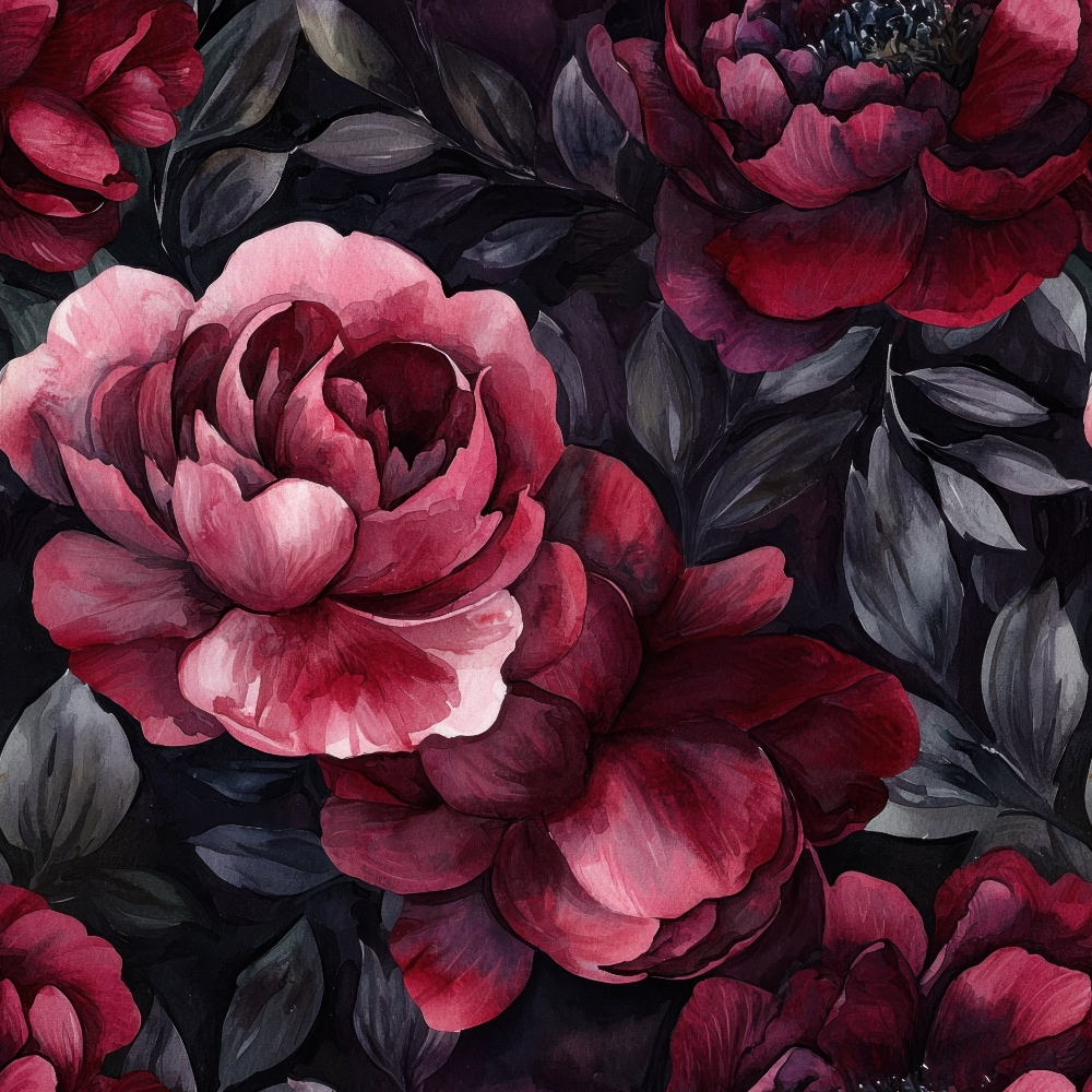 burgundy, deep red, pink, crimson, maroon, gray leaves, dark foliage, peonies, roses, floral pattern, botanical design, moody flowers, dramatic blooms, autumn colors, october theme,, fabric panel, watercolor style, romantic florals, layered petals