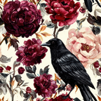 burgundy, deep red, wine red, blush pink, cream, black, charcoal gray, floral pattern, peonies, roses, blooms, black crow, raven, bird, watercolor style, botanical, moody floral, autumn themed,, fabric panel, october inspired, gothic floral, dramatic flowers