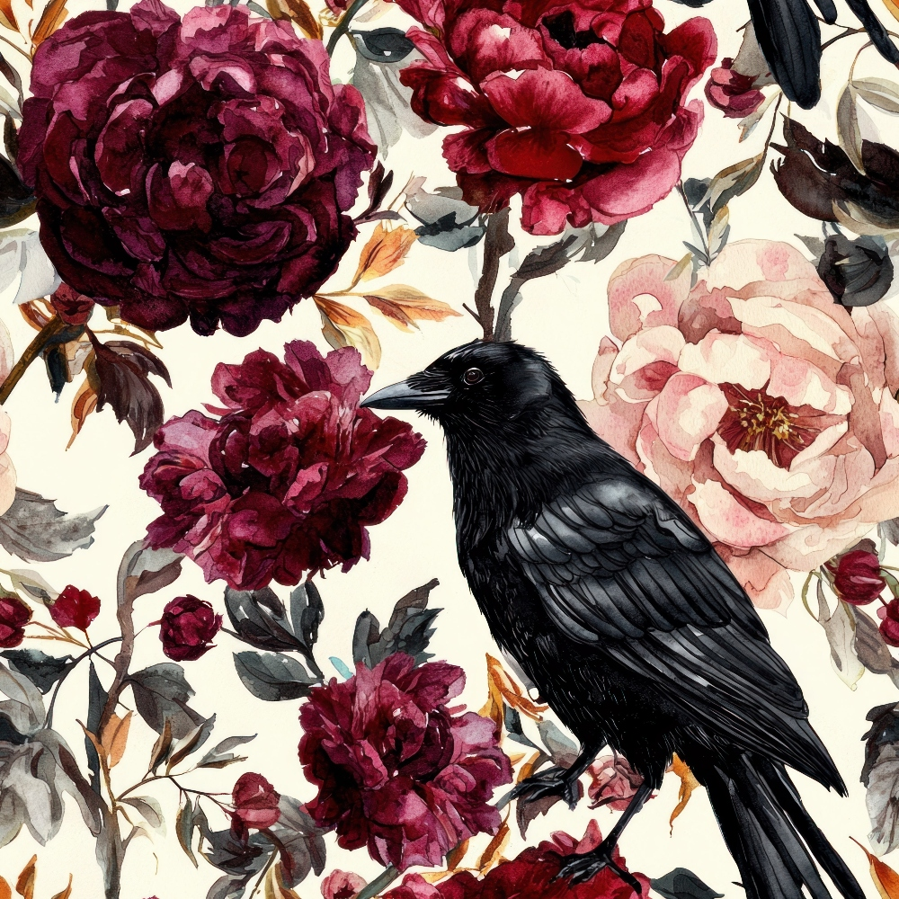 burgundy, deep red, wine red, blush pink, cream, black, charcoal gray, floral pattern, peonies, roses, blooms, black crow, raven, bird, watercolor style, botanical, moody floral, autumn themed,, fabric panel, october inspired, gothic floral, dramatic flowers