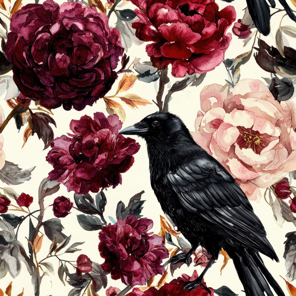 burgundy, deep red, wine red, blush pink, cream, black, charcoal gray, floral pattern, peonies, roses, blooms, black crow, raven, bird, watercolor style, botanical, moody floral, autumn themed,, fabric panel, october inspired, gothic floral, dramatic flowers