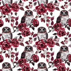 burgundy, maroon, deep red, white background, owls, roses, floral pattern, leaves, botanical, repeating pattern,, fabric panel, autumn colors, wildlife, nature motif, romantic style, watercolor style, fall theme, birds, peonies