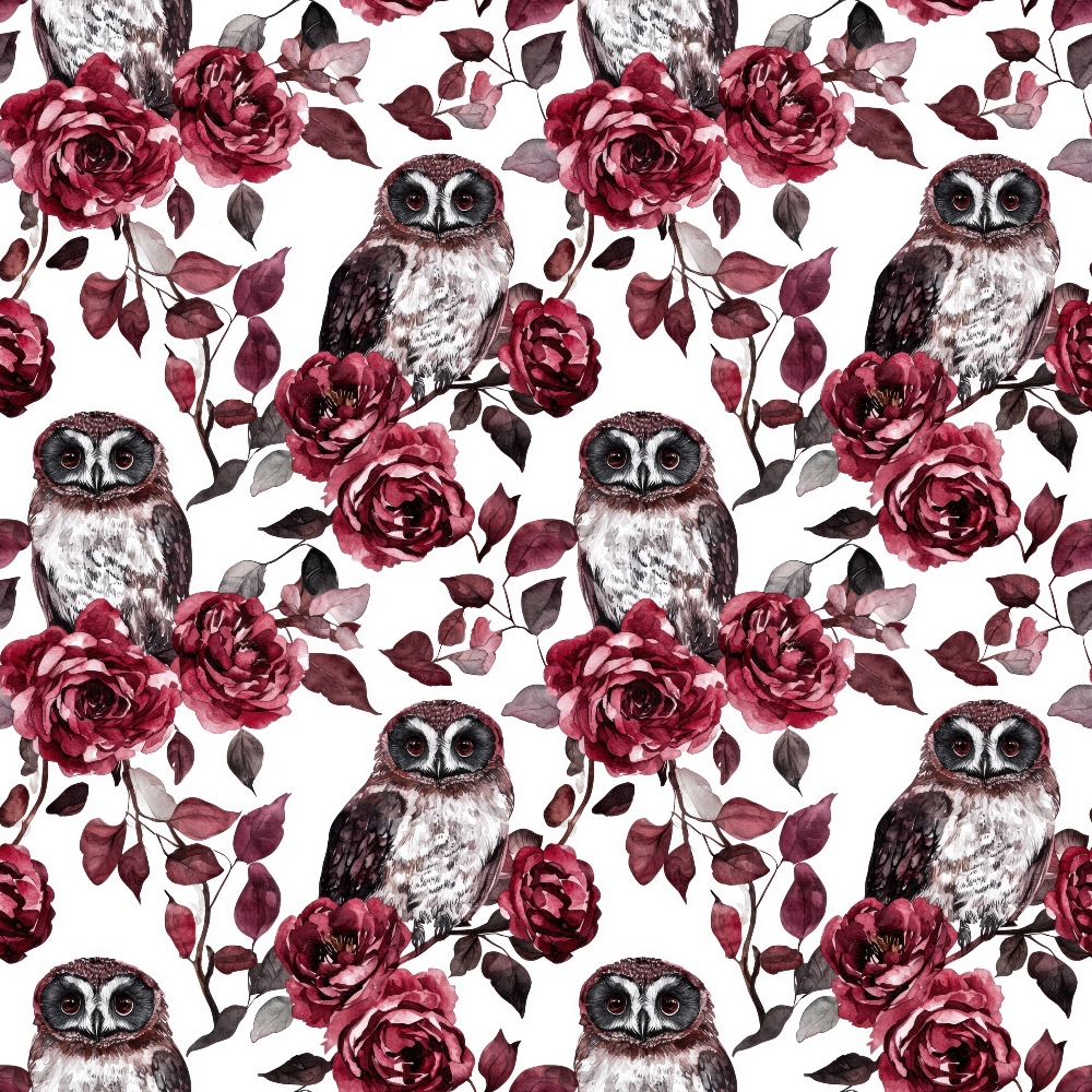 burgundy, maroon, deep red, white background, owls, roses, floral pattern, leaves, botanical, repeating pattern,, fabric panel, autumn colors, wildlife, nature motif, romantic style, watercolor style, fall theme, birds, peonies