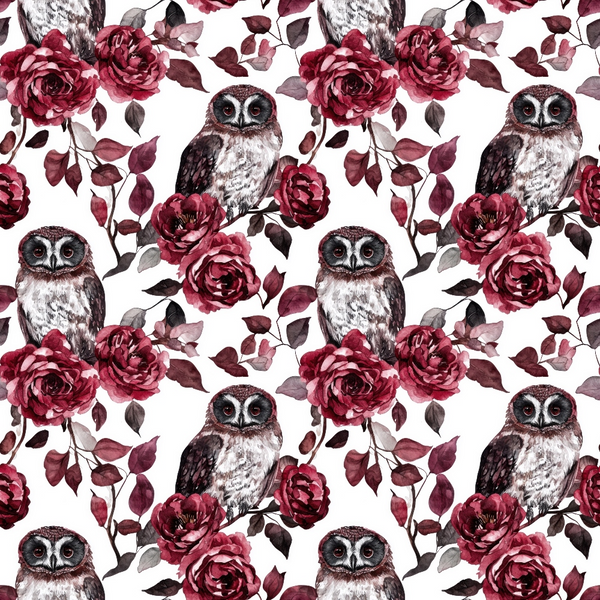 burgundy, maroon, deep red, white background, owls, roses, floral pattern, leaves, botanical, repeating pattern,, fabric panel, autumn colors, wildlife, nature motif, romantic style, watercolor style, fall theme, birds, peonies