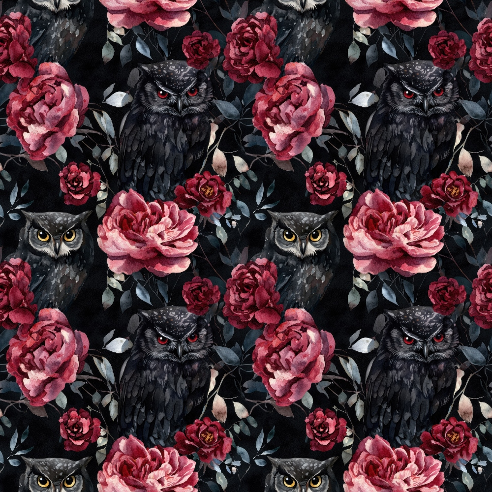 burgundy, pink, dark navy, black, owls, roses, floral pattern, gothic style, moody atmosphere,, fabric panel, repeating pattern, red eyes, dark feathers, botanical elements, leaves, autumn theme, dramatic design, nature motifs, seamless repeat