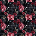 burgundy, pink, dark navy, black, owls, roses, floral pattern, gothic style, moody atmosphere,, fabric panel, repeating pattern, red eyes, dark feathers, botanical elements, leaves, autumn theme, dramatic design, nature motifs, seamless repeat
