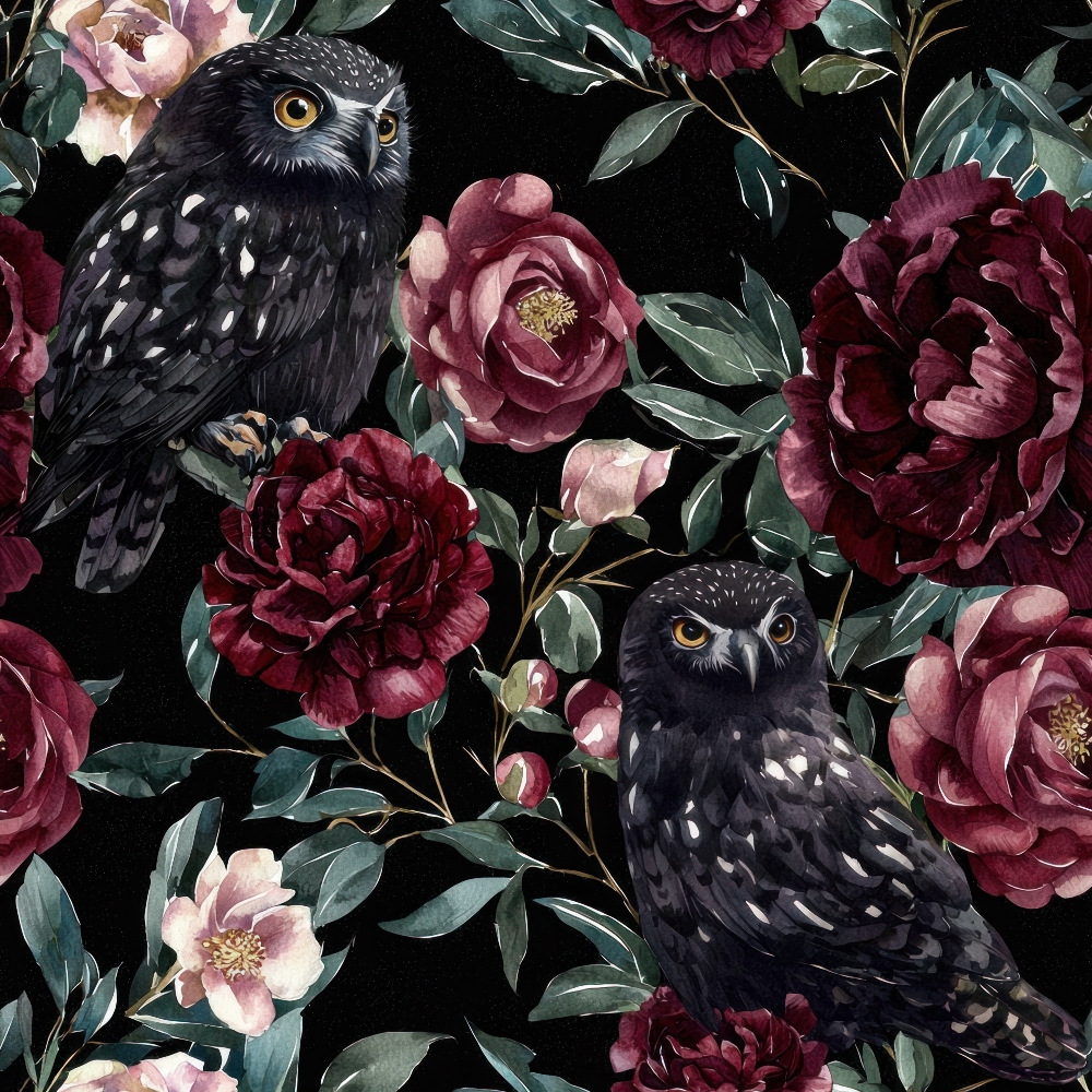 burgundy, deep red, maroon, black background, owls, floral pattern, peonies, roses, botanical design, dark feathers, yellow eyes, spotted owls, layered petals, green leaves, gothic mood, moody atmosphere,, fabric panel, autumn colors, nocturnal birds