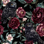 burgundy, deep red, maroon, black background, owls, floral pattern, peonies, roses, botanical design, dark feathers, yellow eyes, spotted owls, layered petals, green leaves, gothic mood, moody atmosphere,, fabric panel, autumn colors, nocturnal birds