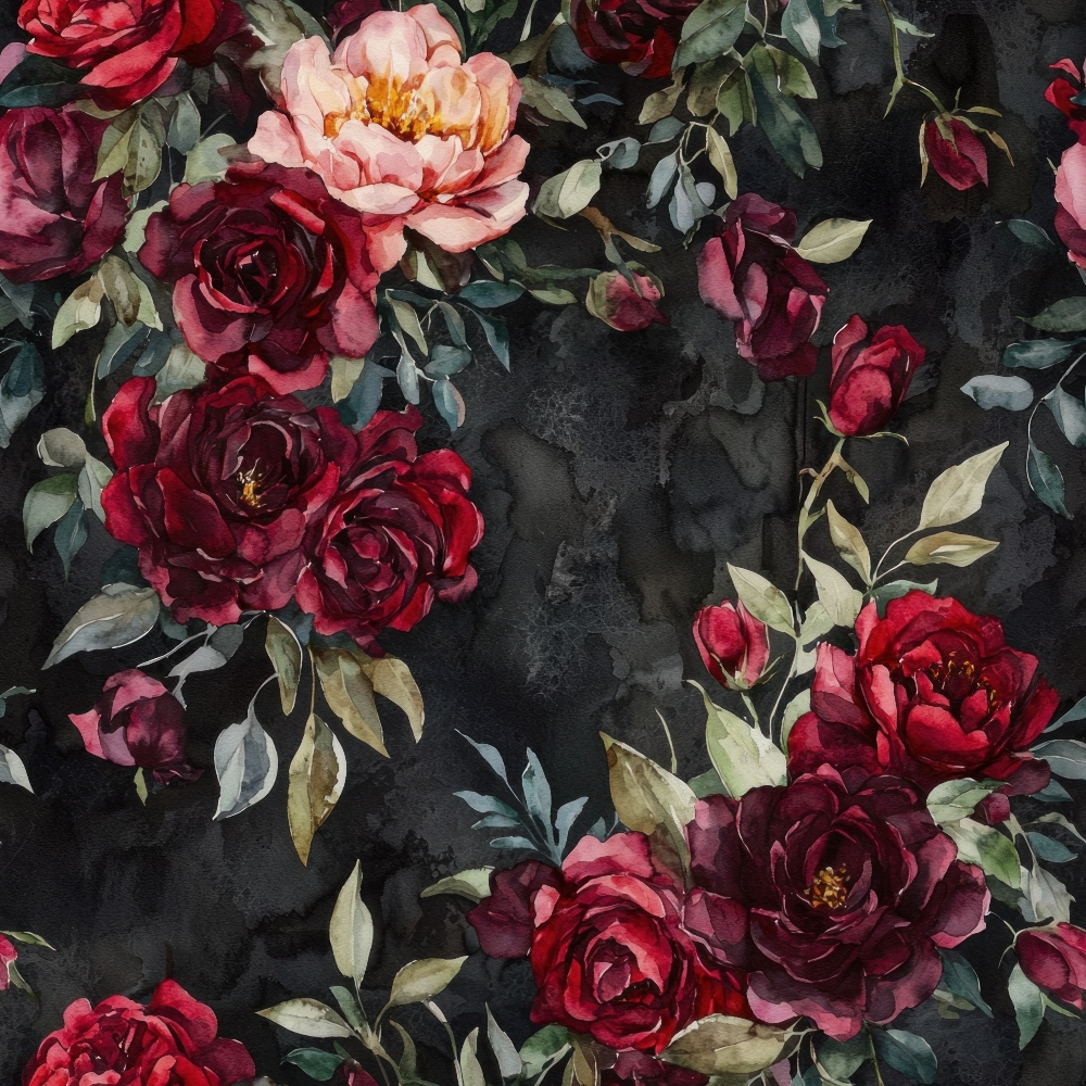 burgundy, deep red, pink, coral, dark background, floral pattern, roses, peonies, watercolor style, botanical design, leaves, foliage, moody atmosphere, autumn colors,, fabric panel, romantic florals, vintage inspired, dramatic contrast, layered petals