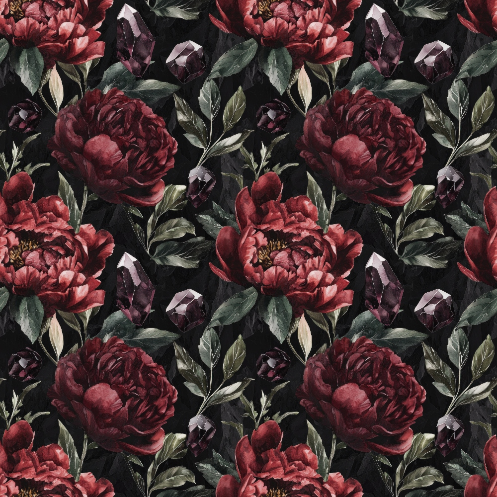 burgundy, deep red, maroon, crimson, dark green, black background, floral pattern, roses, peonies, botanical, leaves, foliage, crystals, gems, moody, gothic, autumn, october,, fabric panel, repeating pattern, dramatic, rich colors, vintage flowers, dark floral