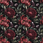 burgundy, deep red, maroon, crimson, dark green, black background, floral pattern, roses, peonies, botanical, leaves, foliage, crystals, gems, moody, gothic, autumn, october,, fabric panel, repeating pattern, dramatic, rich colors, vintage flowers, dark floral