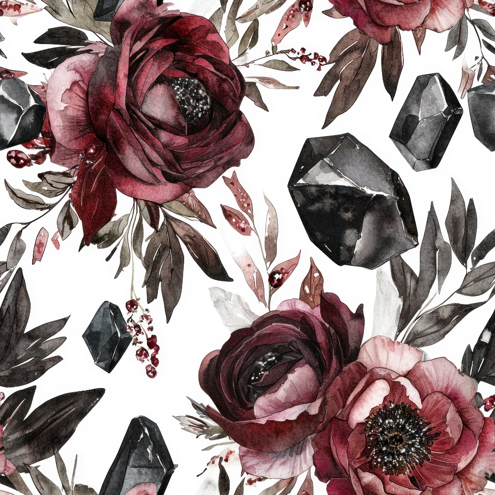 burgundy, deep red, maroon, black, gray, white, watercolor flowers, floral pattern, ranunculus, peonies, botanical design, dark crystals, gemstones, autumn florals, moody aesthetic, painterly style,, fabric panel, october theme, fall colors, dramatic blooms
