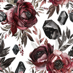 burgundy, deep red, maroon, black, gray, white, watercolor flowers, floral pattern, ranunculus, peonies, botanical design, dark crystals, gemstones, autumn florals, moody aesthetic, painterly style,, fabric panel, october theme, fall colors, dramatic blooms