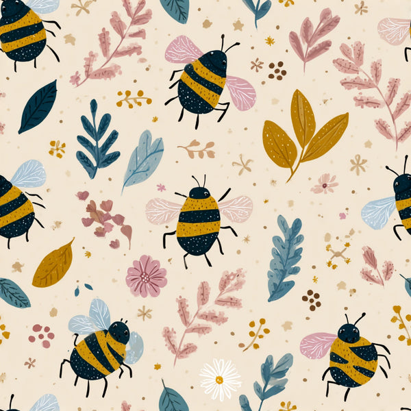 Pollen Parade Pattern 54 black-and-gold bees with leafy sprigs and small flowers on cream minky fabric