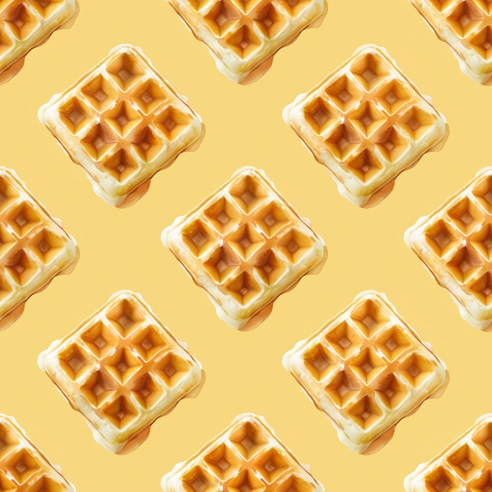 golden yellow, butter yellow, waffles, breakfast food, geometric pattern, repeating motif, square waffles, grid texture, warm tones, food illustration, kitchen theme,, fabric panel, crispy texture, syrup pockets, morning theme, comfort food, realistic style, seamless pattern, golden brown