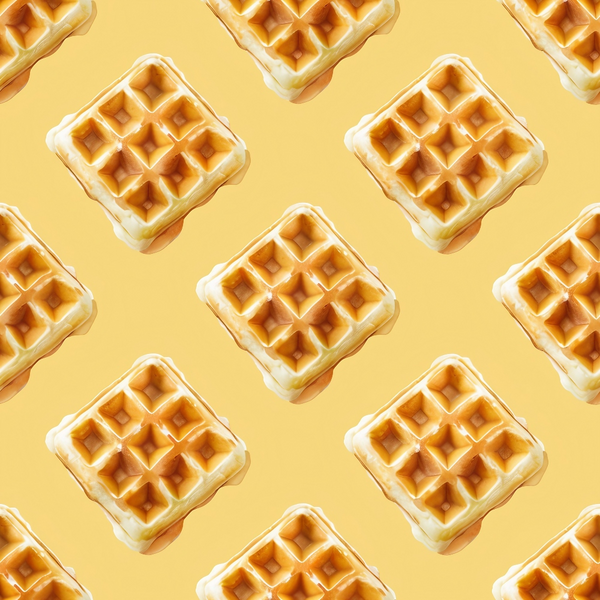golden yellow, butter yellow, waffles, breakfast food, geometric pattern, repeating motif, square waffles, grid texture, warm tones, food illustration, kitchen theme,, fabric panel, crispy texture, syrup pockets, morning theme, comfort food, realistic style, seamless pattern, golden brown