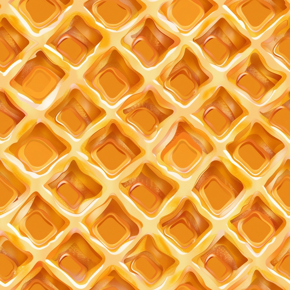 waffle pattern, golden yellow, amber, honey colored, orange tones, geometric design, square grid, food motif, breakfast theme,, fabric panel, warm colors, repetitive pattern, textured appearance, syrup pockets, kitchen theme, cozy aesthetic, butter yellow, dimensional squares