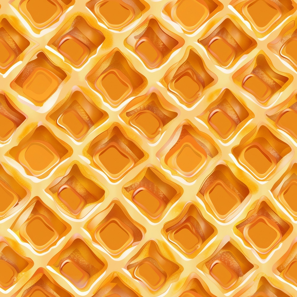waffle pattern, golden yellow, amber, honey colored, orange tones, geometric design, square grid, food motif, breakfast theme,, fabric panel, warm colors, repetitive pattern, textured appearance, syrup pockets, kitchen theme, cozy aesthetic, butter yellow, dimensional squares