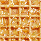 golden yellow, amber, honey tones, waffle pattern, grid design, syrup drizzle, breakfast food, realistic style, mouth-watering,, fabric panel, food themed, kitchen motif, warm colors, textured appearance, sweet treats, culinary design, appetizing imagery