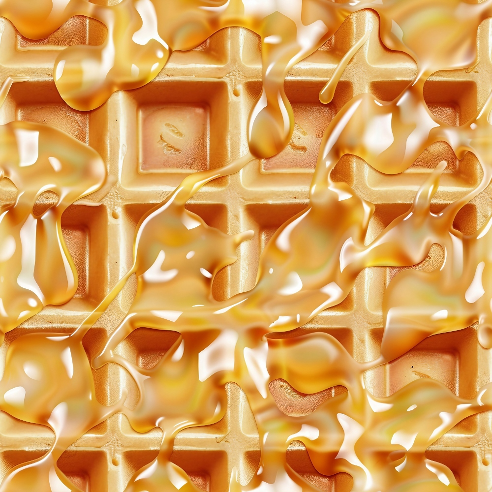 golden yellow, amber, honey tones, waffle pattern, grid design, syrup drizzle, breakfast food, realistic style, mouth-watering,, fabric panel, food themed, kitchen motif, warm colors, textured appearance, sweet treats, culinary design, appetizing imagery
