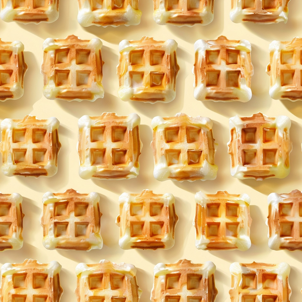 golden yellow, butter cream, waffle pattern, breakfast food, grid texture, repeating motif, warm tones, amber hues, syrup drizzle,, fabric panel, kitchen theme, food illustration, geometric squares, crispy texture, morning breakfast, comfort food, culinary design, photorealistic, cozy atmosphere