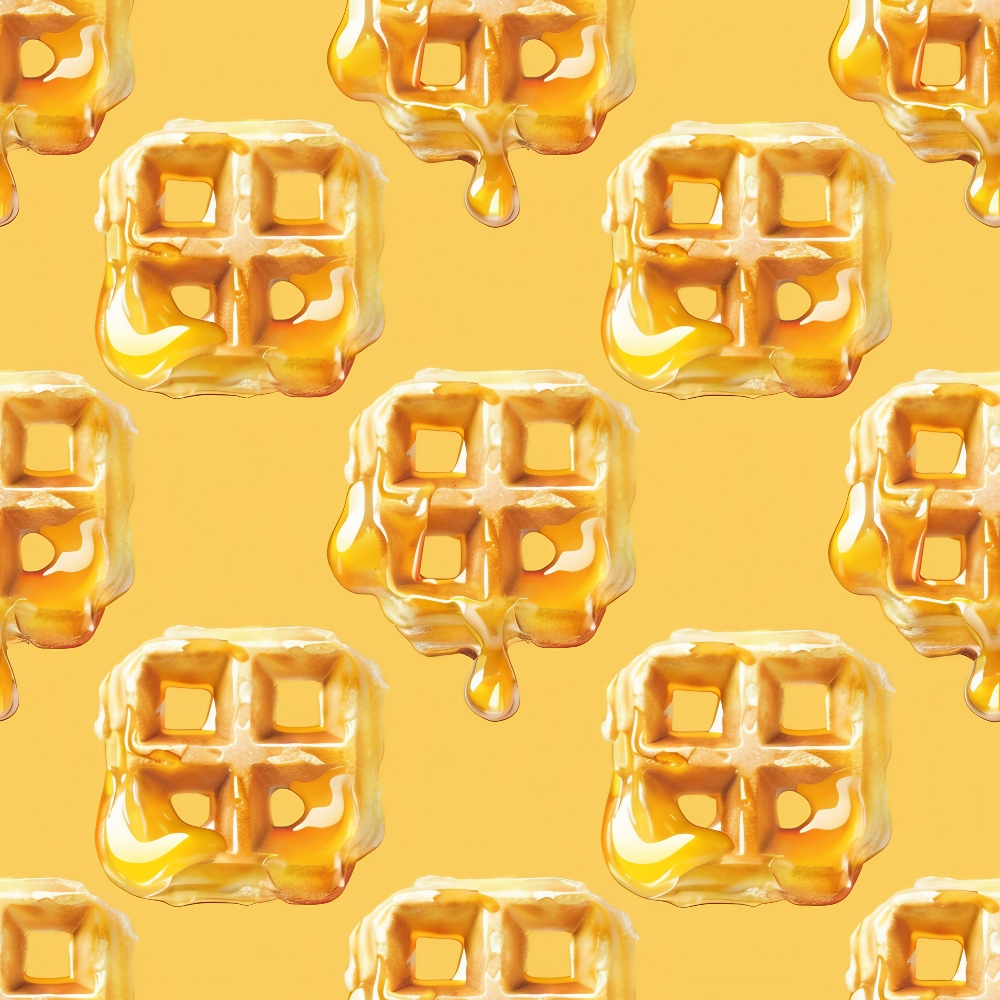 golden yellow, honey drip, waffle pattern, breakfast food, syrup dripping, warm tones, amber, repeating pattern,, fabric panel, food motif, kitchen theme, sweet treats, geometric squares, drizzling effect, buttery colors, morning breakfast, comfort food, cozy aesthetic, culinary design