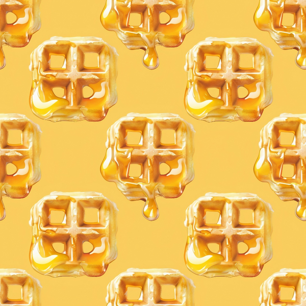 golden yellow, honey drip, waffle pattern, breakfast food, syrup dripping, warm tones, amber, repeating pattern,, fabric panel, food motif, kitchen theme, sweet treats, geometric squares, drizzling effect, buttery colors, morning breakfast, comfort food, cozy aesthetic, culinary design