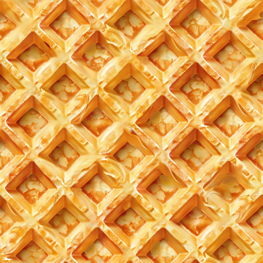 golden yellow, butter yellow, amber, orange tones, waffle pattern, grid design, textured surface, breakfast food, geometric pattern,, fabric panel, crisp edges, shadow depth, repetitive design, food motif, kitchen theme, warm colors, syrup drizzle, square pattern, honeyed tones