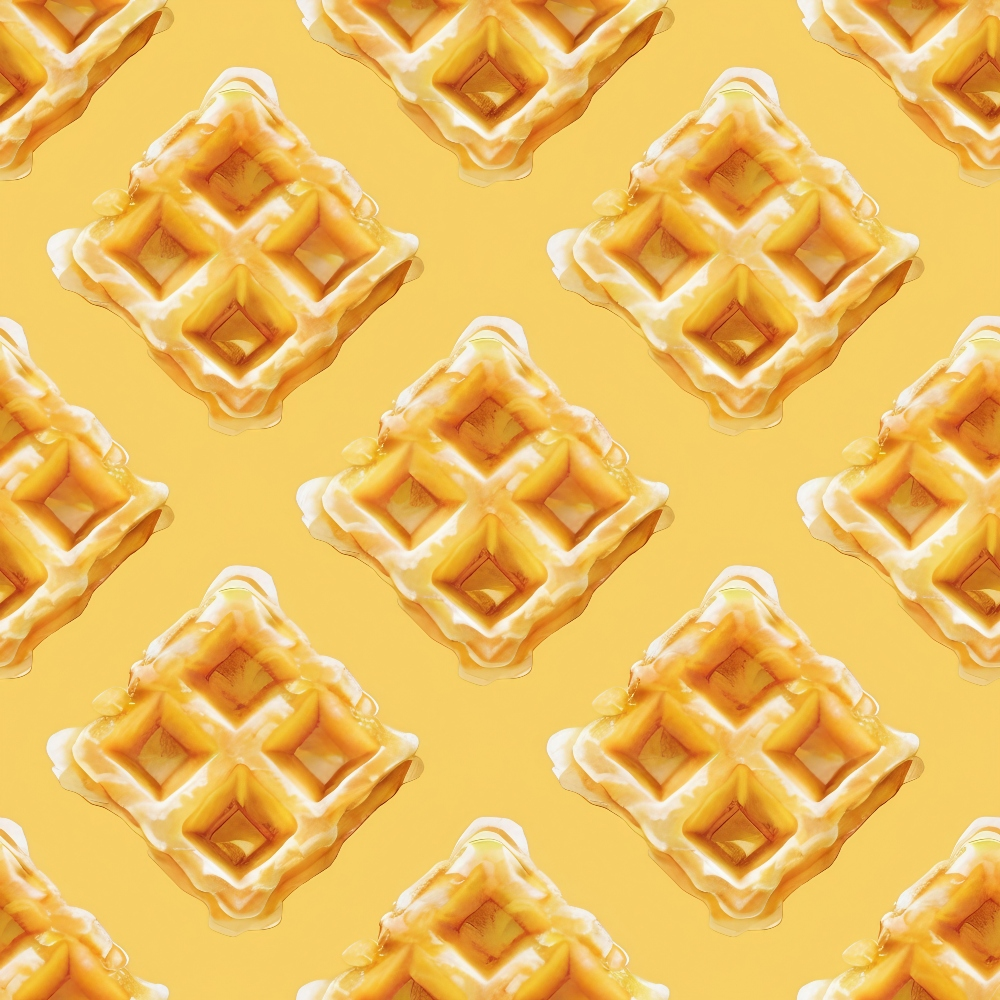 butter yellow, golden yellow, amber, waffle pattern, breakfast food, square grid, diamond shaped, geometric design, repeating pattern, food motif, kitchen theme, warm tones, syrup drizzle,, fabric panel, morning theme, comfort food, textured appearance, honey colored, appetizing design