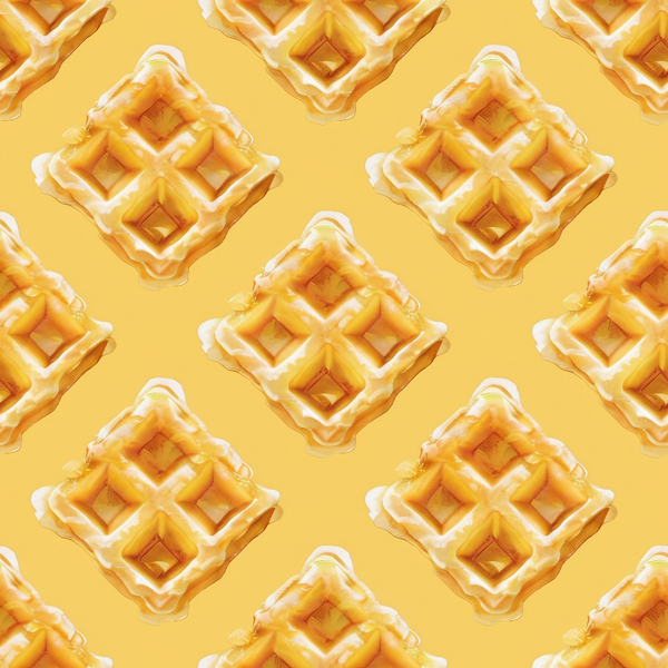 butter yellow, golden yellow, amber, waffle pattern, breakfast food, square grid, diamond shaped, geometric design, repeating pattern, food motif, kitchen theme, warm tones, syrup drizzle,, fabric panel, morning theme, comfort food, textured appearance, honey colored, appetizing design