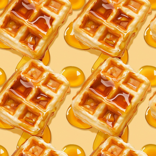 golden yellow, amber, honey colored, waffle pattern, breakfast food, syrup dripping, geometric grid, food illustration, warm tones, repeating pattern,, fabric panel, kitchen theme, morning meal, golden syrup, waffle squares, food motif, culinary design, breakfast pattern