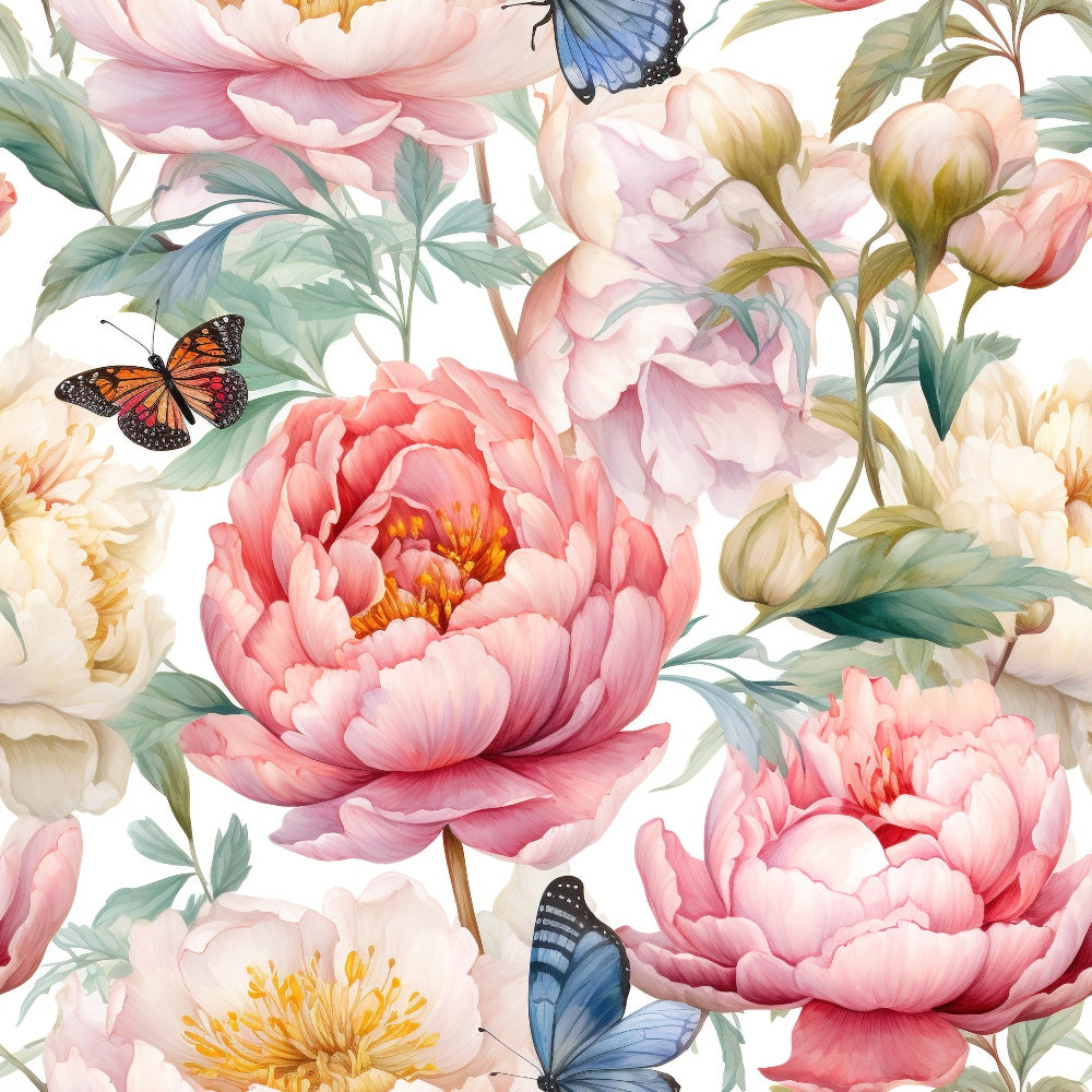 pink flowers, coral peonies, blue butterflies, orange monarch butterfly, watercolor style, floral pattern, botanical design, soft pastels, green leaves, cream background,, fabric panel, spring theme, delicate artwork, layered petals, nature motif, feminine colors, garden scene, blooming flowers