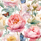 pink flowers, coral peonies, blue butterflies, orange monarch butterfly, watercolor style, floral pattern, botanical design, soft pastels, green leaves, cream background,, fabric panel, spring theme, delicate artwork, layered petals, nature motif, feminine colors, garden scene, blooming flowers