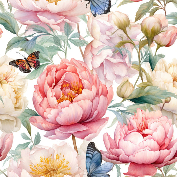 pink flowers, coral peonies, blue butterflies, orange monarch butterfly, watercolor style, floral pattern, botanical design, soft pastels, green leaves, cream background,, fabric panel, spring theme, delicate artwork, layered petals, nature motif, feminine colors, garden scene, blooming flowers