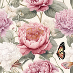 pink peonies, sage green leaves, monarch butterfly, floral pattern, botanical design,, fabric panel, soft pastels, cream background, layered petals, nature motif, spring flowers, delicate butterflies, romantic florals, garden theme, watercolor style, blooming flowers, feminine colors, repeating pattern, vintage inspired
