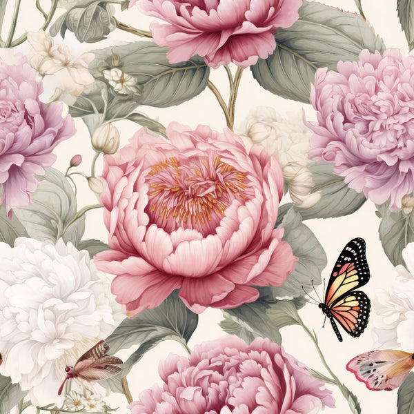 pink peonies, sage green leaves, monarch butterfly, floral pattern, botanical design,, fabric panel, soft pastels, cream background, layered petals, nature motif, spring flowers, delicate butterflies, romantic florals, garden theme, watercolor style, blooming flowers, feminine colors, repeating pattern, vintage inspired