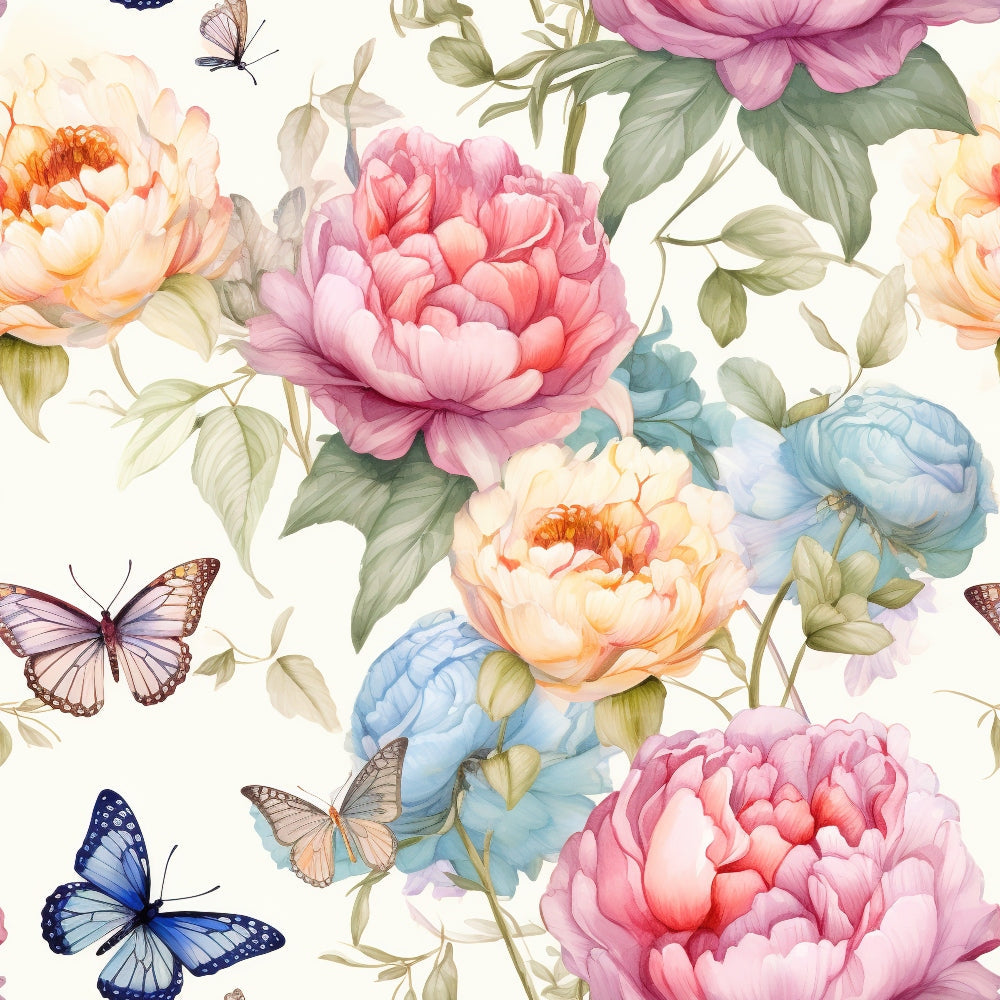 butterfly pattern, floral design, pink peonies, blue flowers, peach blooms, watercolor style, botanical print,, fabric panel, nature motif, spring theme, garden flowers, delicate butterflies, soft pastels, romantic florals, feminine design, dreamy aesthetic, artistic illustration, cotton fabric, crafting material