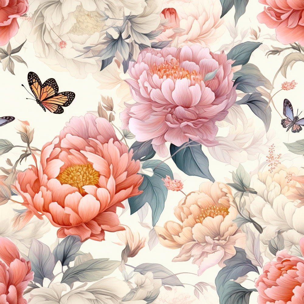 coral pink, dusty rose, sage green, cream background, peony flowers, butterfly motifs, monarch butterfly, floral pattern, botanical design, vintage style, romantic mood,, fabric panel, spring theme, garden scene, delicate petals, layered blooms, nature inspired, soft pastels, feminine aesthetic