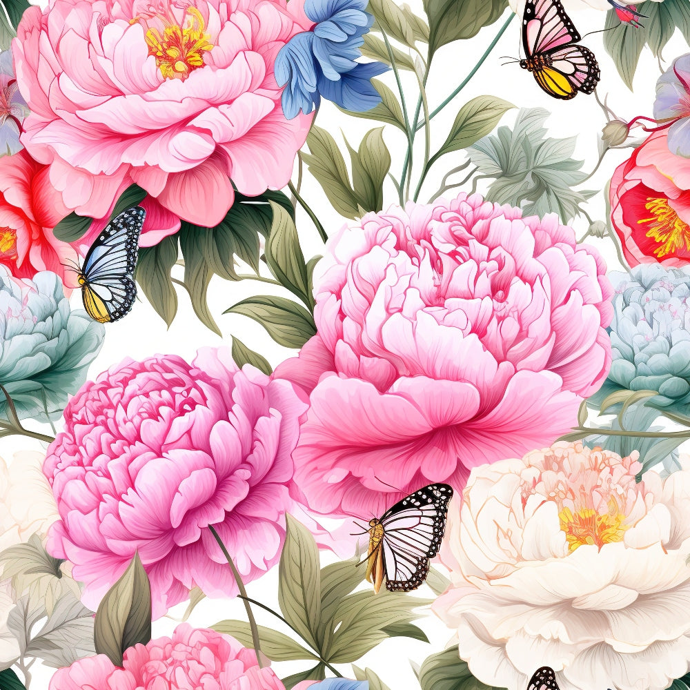 pink peonies, butterflies, floral pattern,, fabric panel, botanical design, monarch butterflies, soft pink, cream white, sage green, blue flowers, nature motif, garden theme, delicate petals, realistic flowers, spring colors, feminine design, continuous pattern, cotton fabric, crafting material