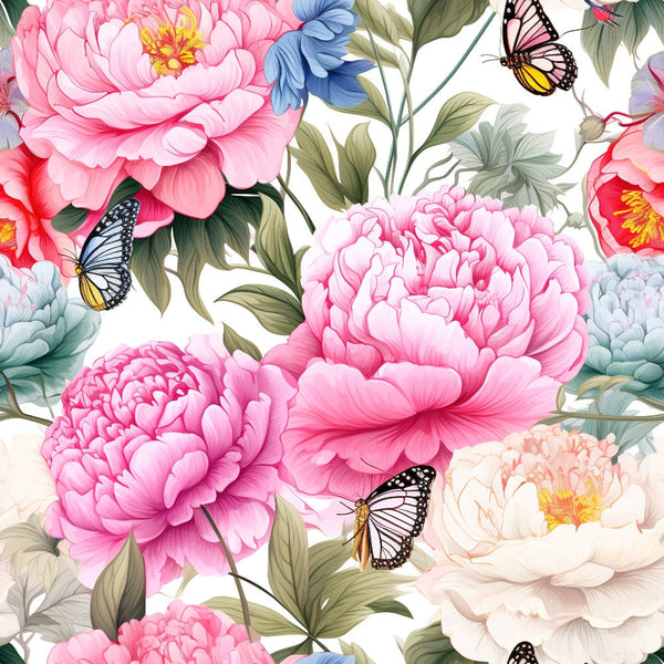 pink peonies, butterflies, floral pattern,, fabric panel, botanical design, monarch butterflies, soft pink, cream white, sage green, blue flowers, nature motif, garden theme, delicate petals, realistic flowers, spring colors, feminine design, continuous pattern, cotton fabric, crafting material