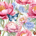 butterfly, floral pattern, pink peonies, blue flowers, watercolor style,, fabric panel, spring motif, garden theme, coral pink, powder blue, yellow centers, green leaves, botanical design, delicate butterflies, soft pastels, seamless repeat, nature inspired, feminine colors, cottage style