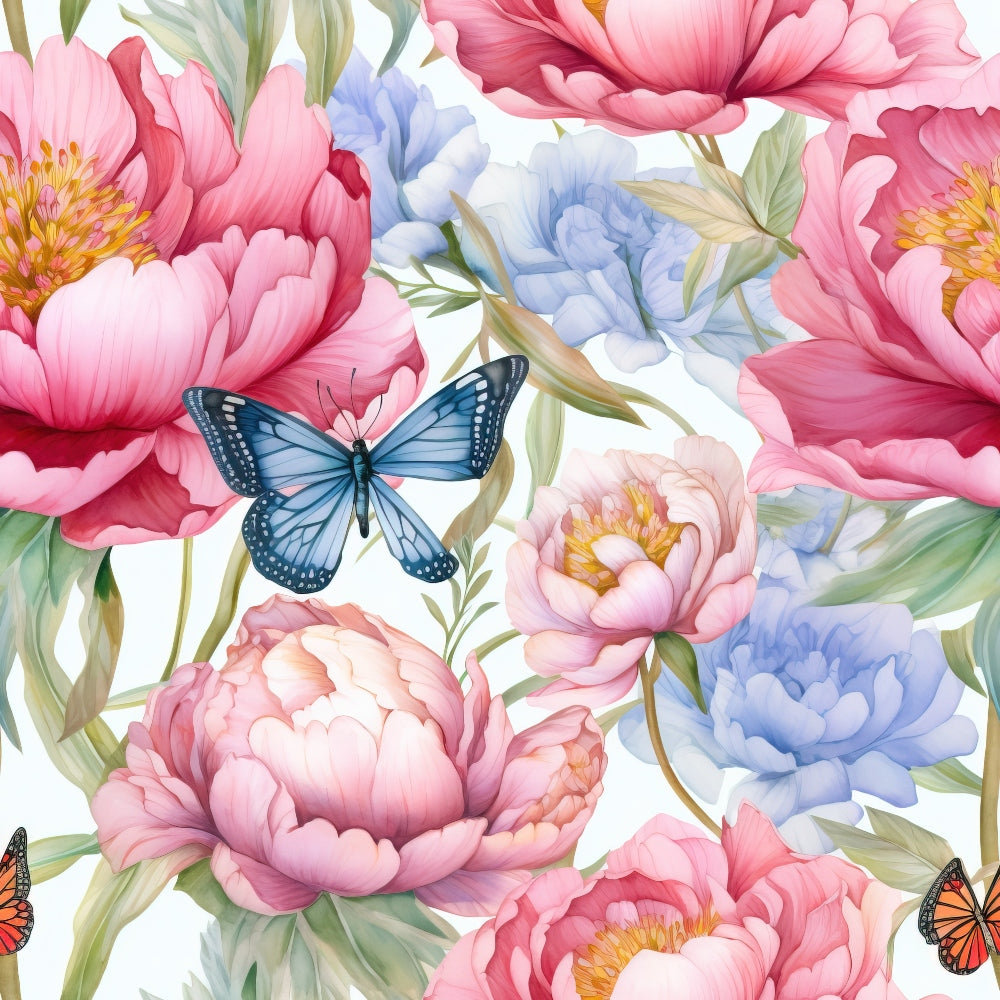 butterfly, floral pattern, pink peonies, blue flowers, watercolor style,, fabric panel, spring motif, garden theme, coral pink, powder blue, yellow centers, green leaves, botanical design, delicate butterflies, soft pastels, seamless repeat, nature inspired, feminine colors, cottage style