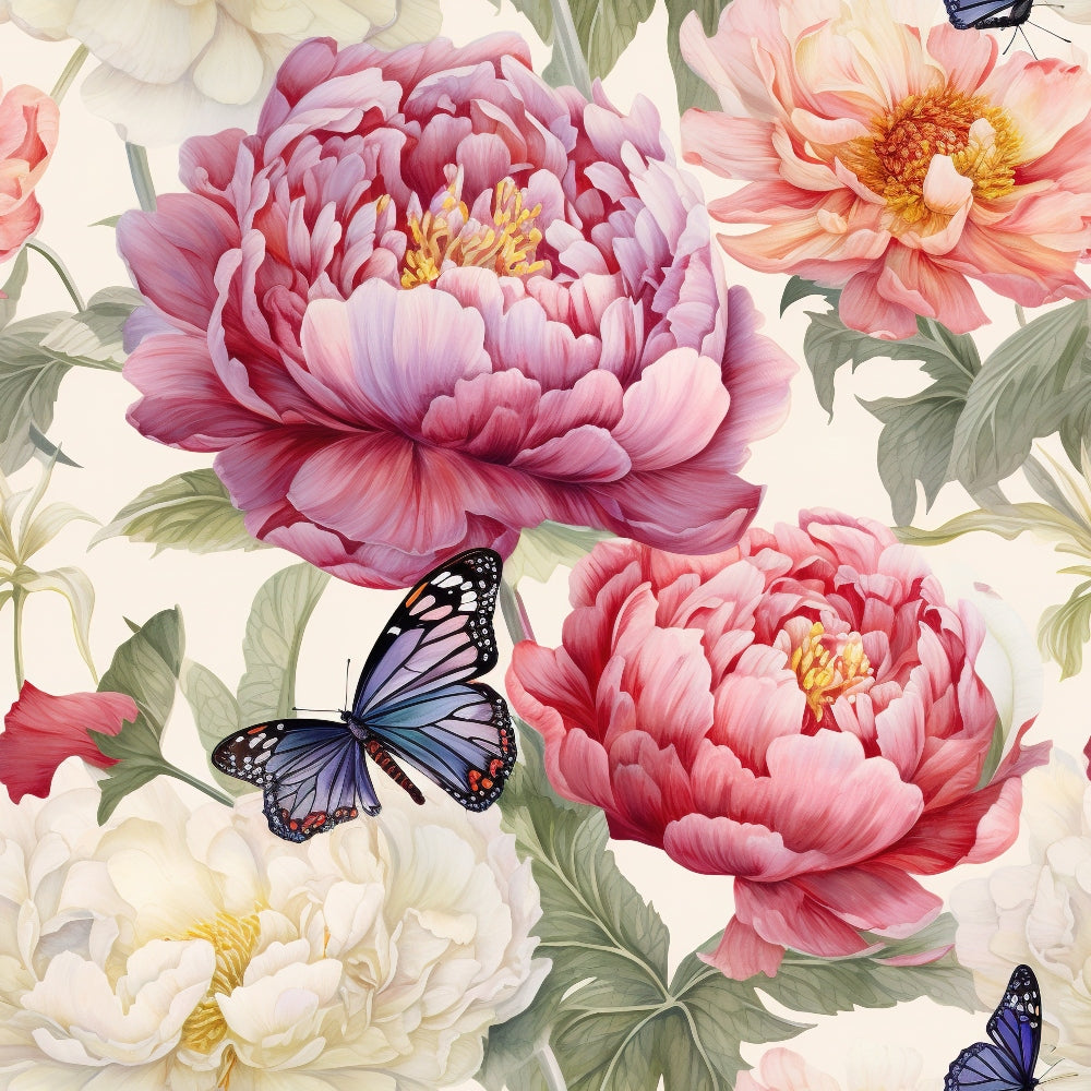 butterfly, peony flowers, floral pattern, pink blooms, coral flowers, cream background, blue butterflies, botanical design,, fabric panel, spring theme, garden motif, watercolor style, romantic florals, nature scene, delicate petals, soft pastels, feminine design, blooming peonies, monarch butterflies